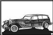 This concept drawing by Alfred DiMora of the Clenet "woody" was considered for a hearse as well as a surfing vehicle. It was never built.